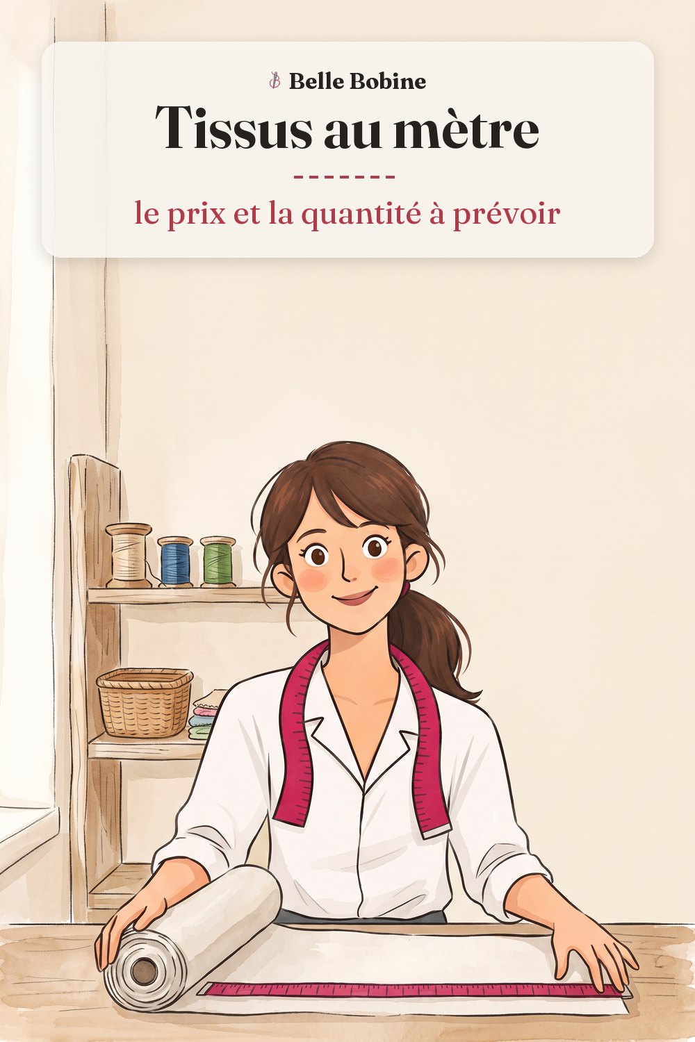 Colette mesure un rouleau de tissu déroulé avec un mètre ruban, avec le titre « Tissus au mètre : le prix et la quantité à prévoir »