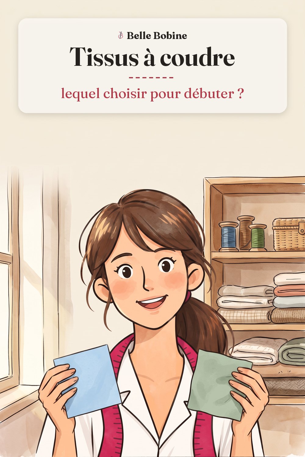 Colette montrant deux carrés de tissu, une popeline bleu ciel et un jersey vert sauge, avec le titre « Tissus à coudre : lequel choisir pour débuter ? »