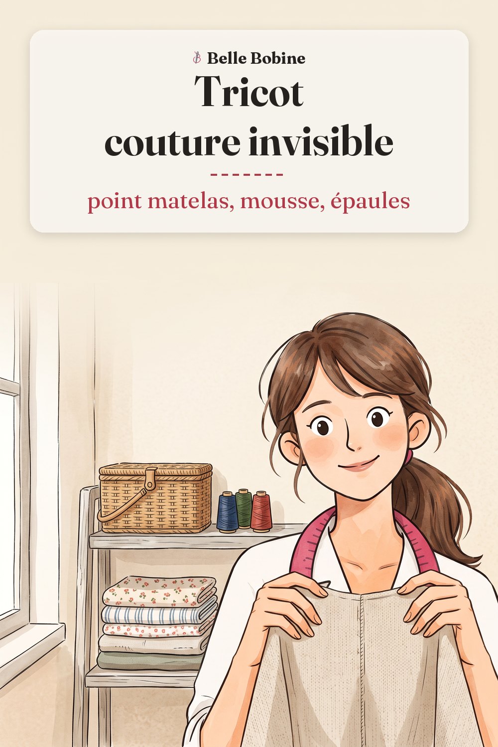 Colette tient deux morceaux de tricot assemblés par une couture plate invisible, avec le titre « Tricot couture invisible : point matelas, mousse, épaules »