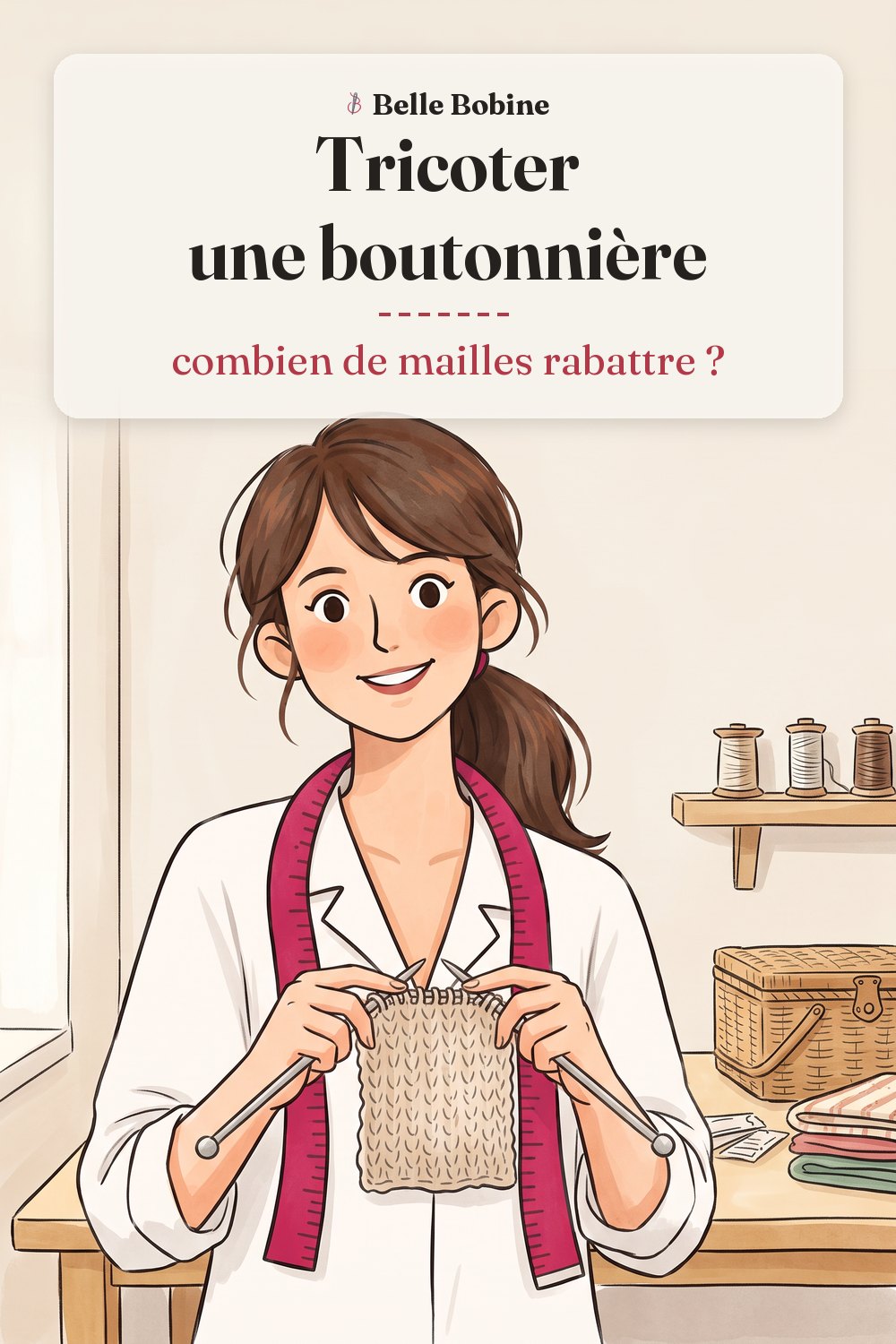 Colette tenant deux aiguilles à tricoter avec un petit ouvrage commencé, avec le titre « Tricoter une boutonnière : combien de mailles rabattre ? »