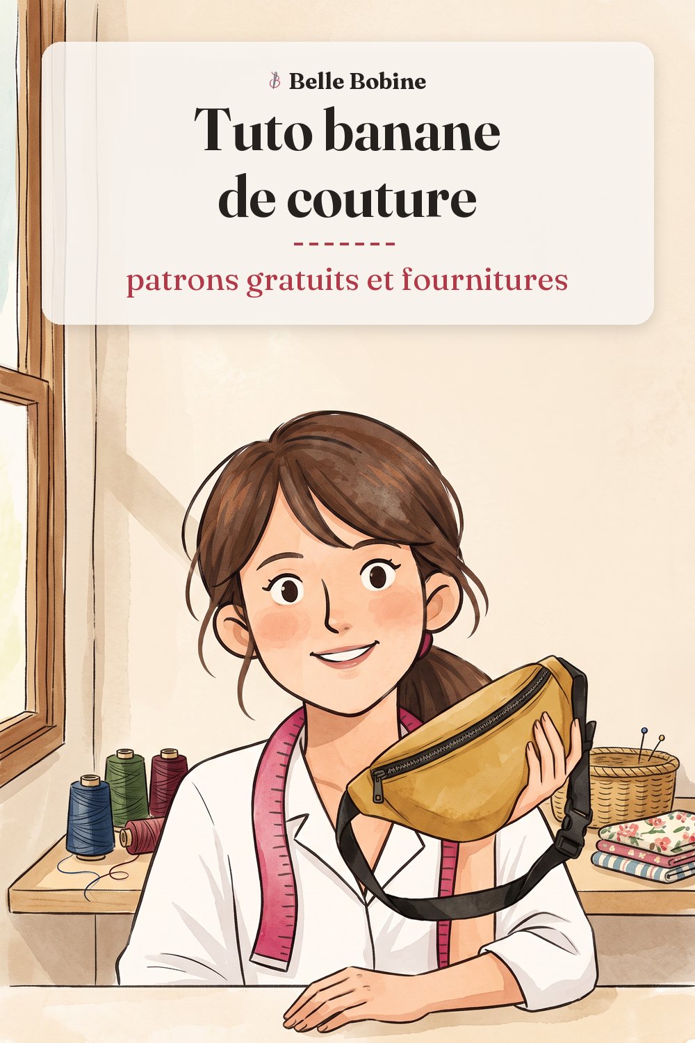 Colette montre un sac banane moutarde à sangle noire, une machine à coudre devant elle, avec le titre « Tuto banane de couture : patrons gratuits et fournitures »