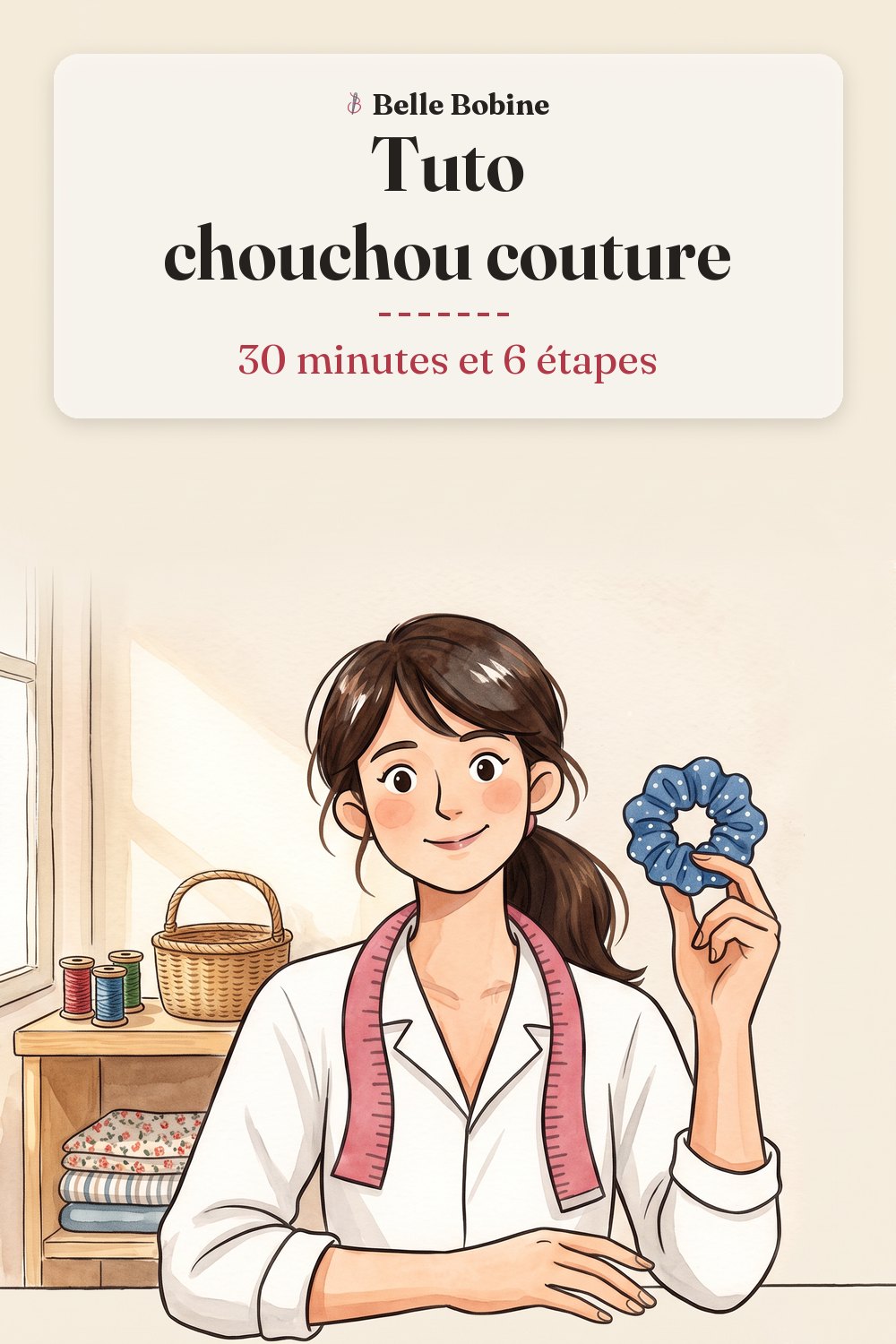 Colette montre un chouchou en tissu bleu à pois blancs, bien froncé, avec le titre « Tuto chouchou couture : 30 minutes et 6 étapes »
