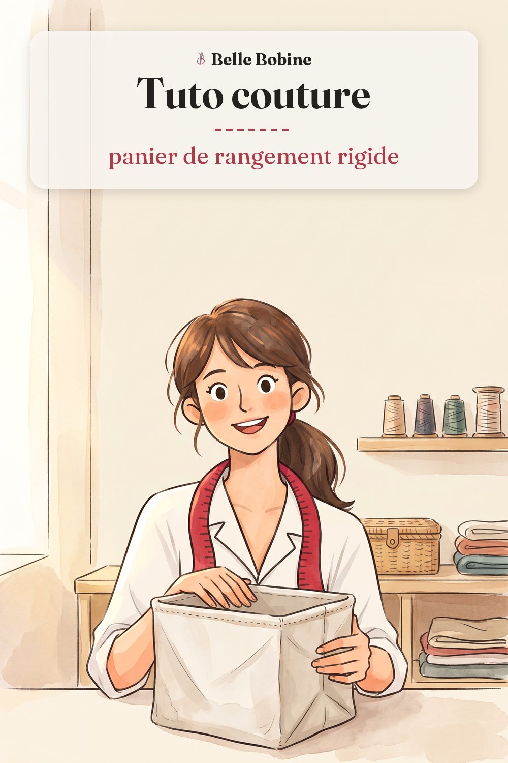 Colette tenant un panier de rangement en tissu cousu, de forme carrée, avec le titre « Tuto couture : panier de rangement rigide »