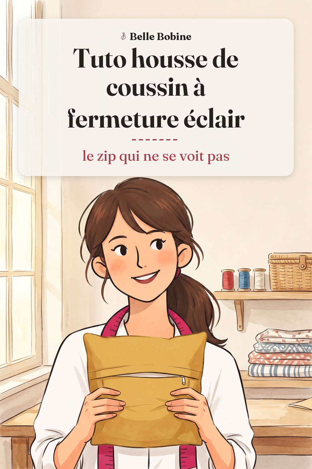 Colette montrant le dos d'un coussin moutarde, un rabat de tissu qui cache la fermeture éclair, seule la tirette dépasse, avec le titre « Tuto housse de coussin à fermeture éclair : le zip qui ne se voit pas »