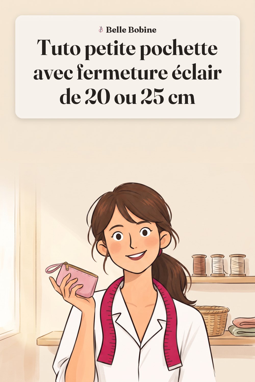 Colette tient une petite pochette plate rose poudré à fermeture éclair dorée et dragonne, avec le titre « Tuto petite pochette avec fermeture éclair de 20 ou 25 cm »
