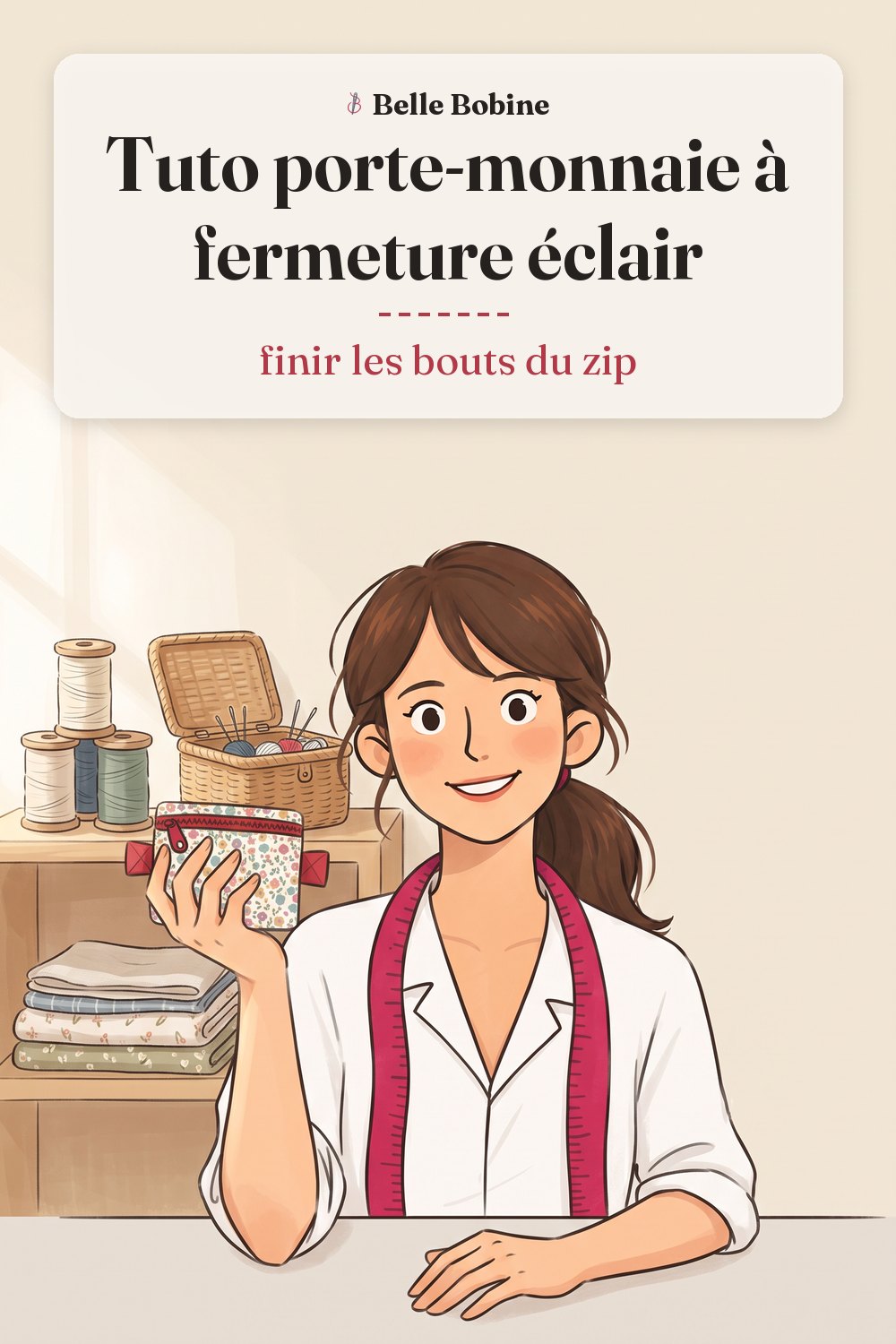 Colette tenant un petit porte-monnaie fleuri à fermeture éclair en plastique rouge, un embout de tissu à chaque bout du zip, avec le titre « Tuto porte-monnaie à fermeture éclair : finir les bouts du zip »
