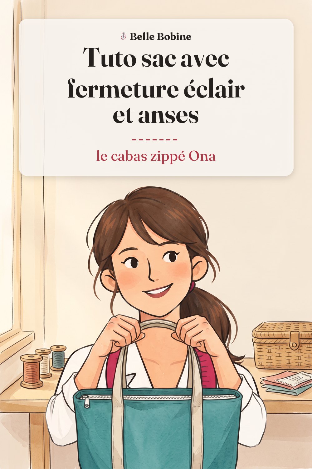 Colette tenant par ses deux anses beiges un grand cabas bleu canard fermé en haut par une fermeture éclair, avec le titre « Tuto sac avec fermeture éclair et anses : le cabas zippé Ona »