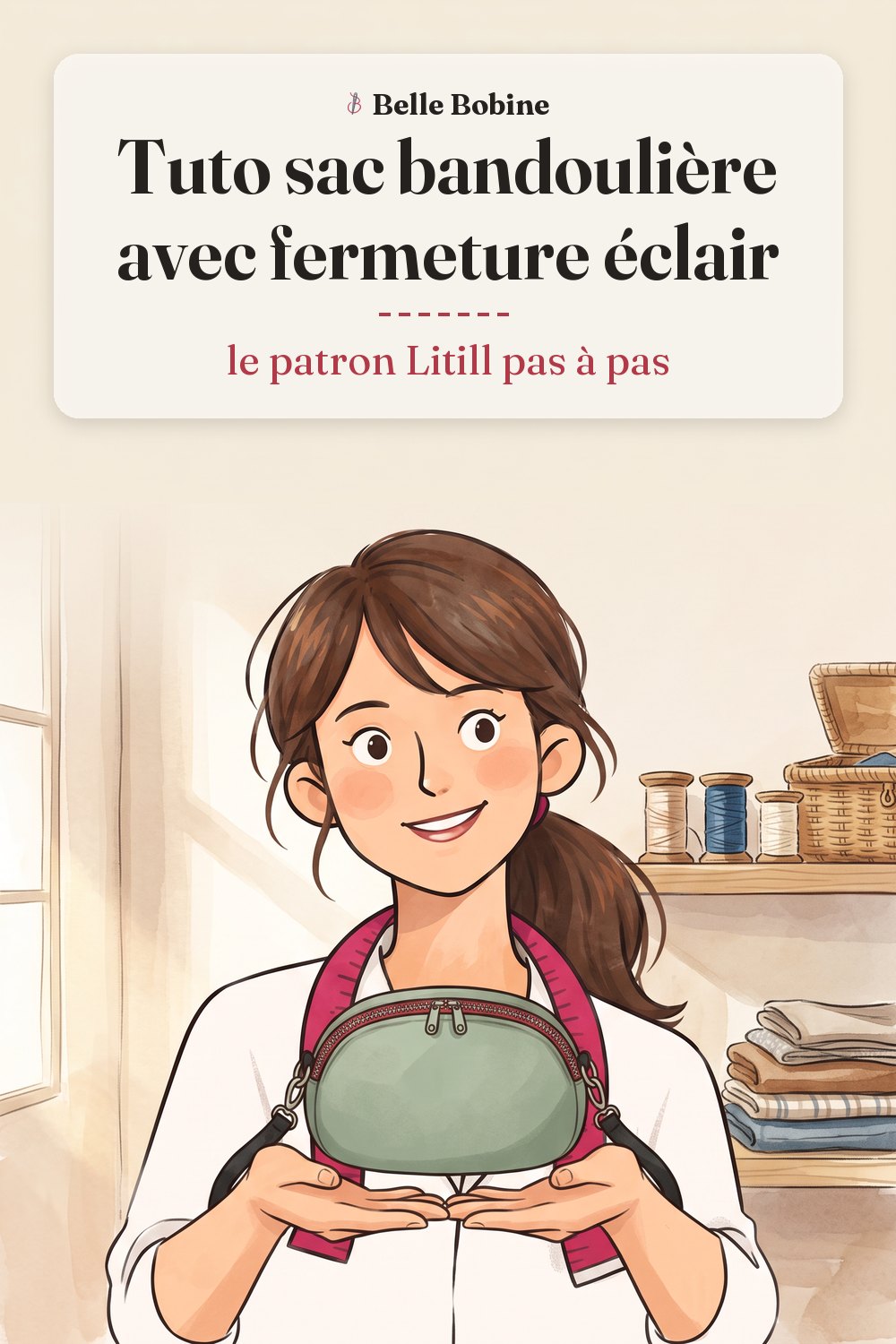 Colette tenant sur ses mains un petit sac bandoulière vert sauge à fermeture éclair rouge, avec le titre « Tuto sac bandoulière avec fermeture éclair : le patron Litill pas à pas »