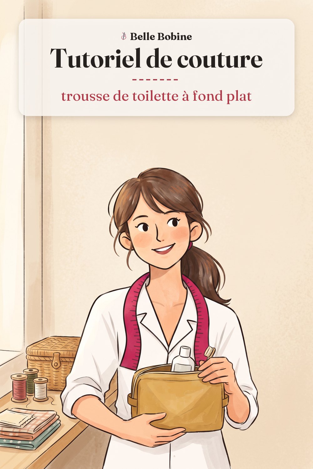 Colette assise devant une trousse de toilette moutarde ouverte, un flacon et une brosse à dents qui dépassent, avec le titre « Tutoriel de couture : trousse de toilette à fond plat »